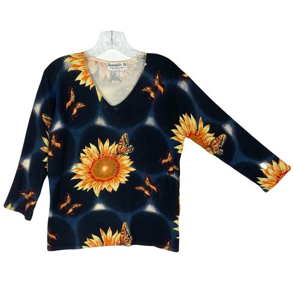 JOSEPH A. Sweater Top L Silk Floral Butterfly Black-Orange-Yellow Knit Long-Slev - Picture 1 of 7